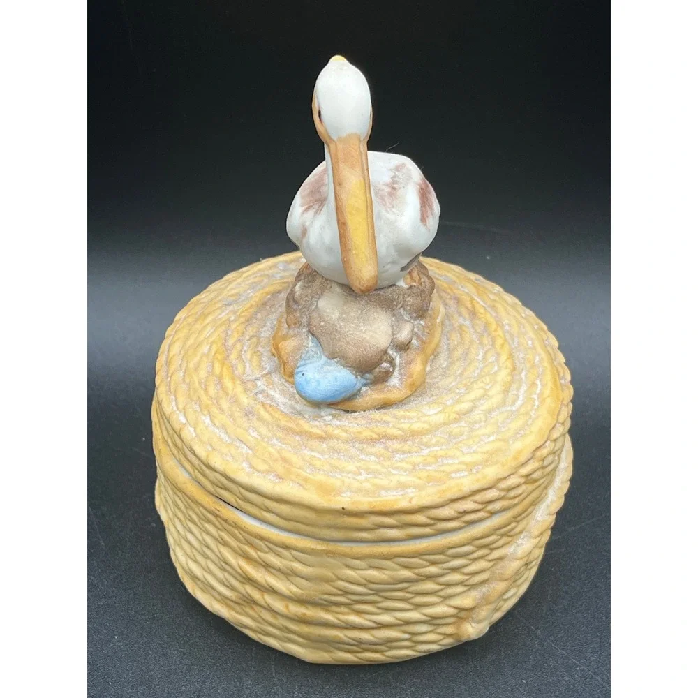 Ceramic Pelican Rope Trinket Box Lid Coastal Nautical Bird Figurine 4.25